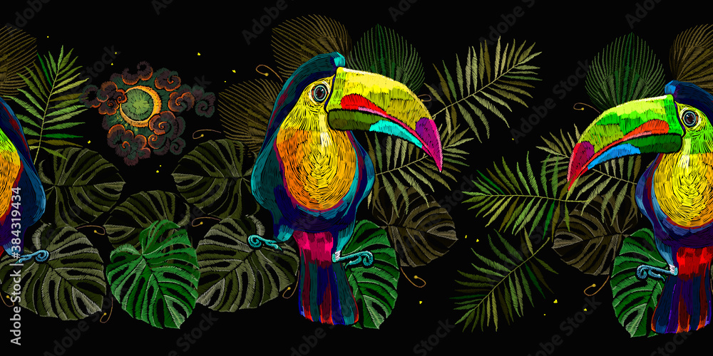 Fototapeta premium Colorful keel-billed toucan birds, moon and palm leaves seamless pattern. Fashionable template for design of clothes, textiles. Embroidery art. Ramphastos sulfuratus. Jungle paradise background