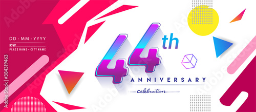 44th years anniversary logo, vector design birthday celebration with colorful geometric background and circles shape. photo