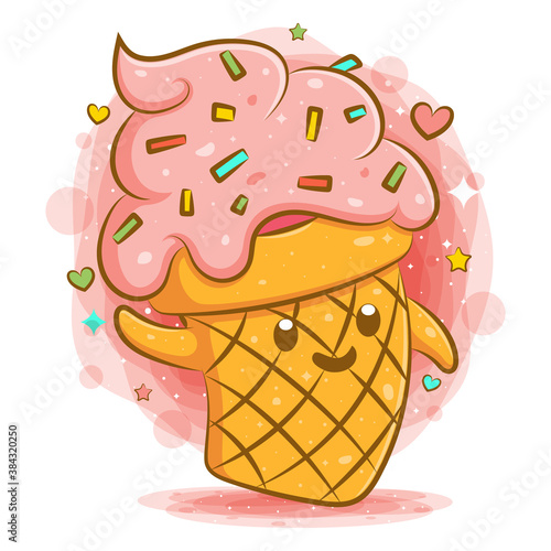 Cute ice cream kawaii cartoon character