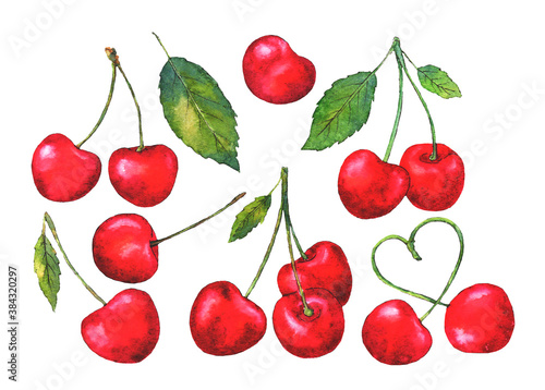 Watercolor illustrations with different berries isolated on the white background: cherries and leaves