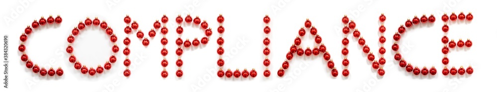 Red Christmas Ball Ornament Building English Word Compliance. Festive Christmas Decoration. White Isolated Background Red Christmas Ball Ornament Building English Word Compliance. Festive Christmas Decoration. White Isolated Background