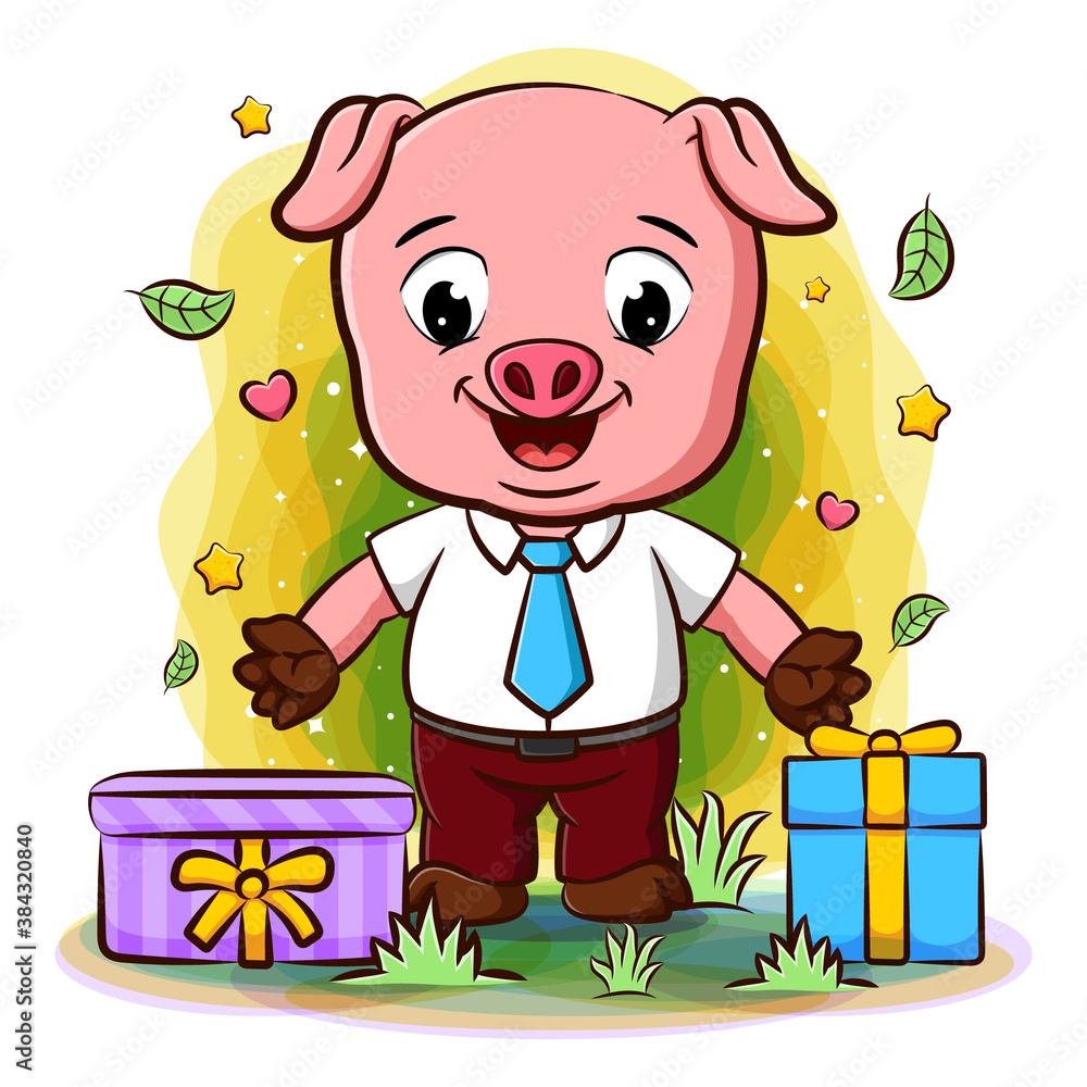 A pig dressed as businessman stand with many gifts