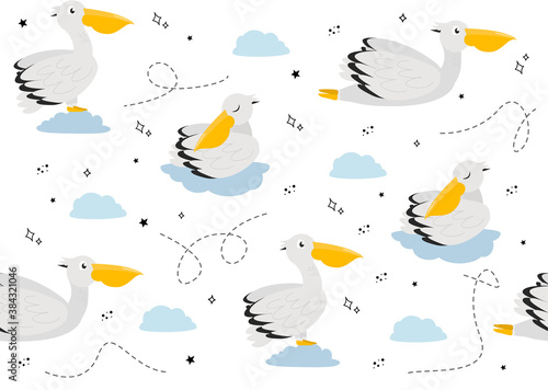 Seamless pattern with pelican. Vector illustration with pelican bird, cloud, star, doodle