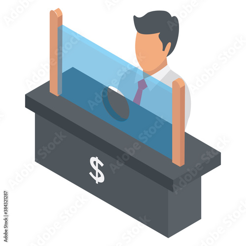 
A person on a bank desk denoting bank counter  
