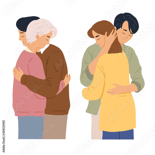 Husband and wife hug when sad depression stress time to show love concept in cartoon flat style illustration isolated 