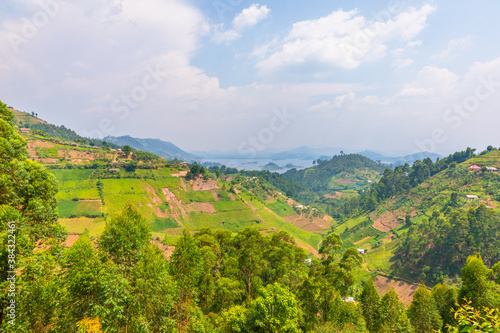 Agricultural terraces near Lake Mutanda in Uganda.