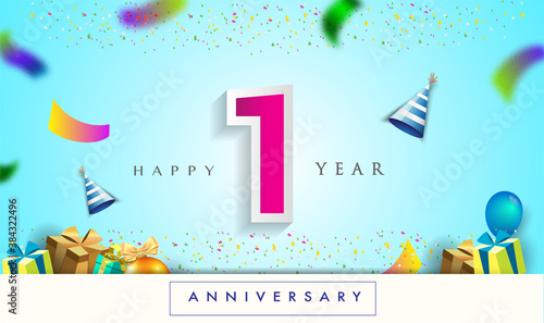 1st Year Anniversary Celebration Design, with gift box and balloons, ribbon, Colorful Vector template elements for your birthday celebrating party.