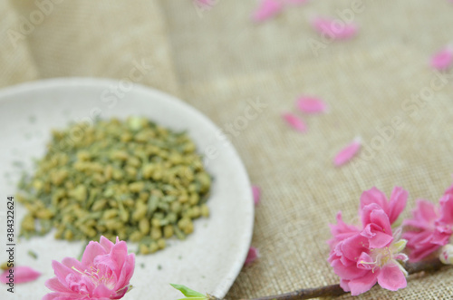 Peach flower blooming and tea for lunar new year