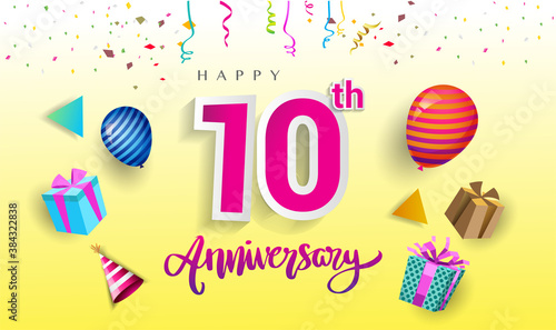 10th Years Anniversary Celebration Design, with gift box and balloons, ribbon, Colorful Vector template elements for your birthday celebrating party.