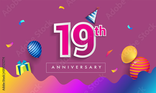 19th Years Anniversary Celebration Design, with gift box and balloons, ribbon, Colorful Vector template elements for your birthday celebrating party.