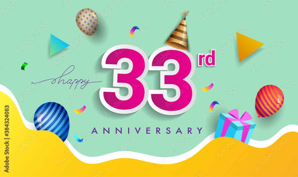33rd Years Anniversary Celebration Design, with gift box and balloons, ribbon, Colorful Vector template elements for your birthday celebrating party.