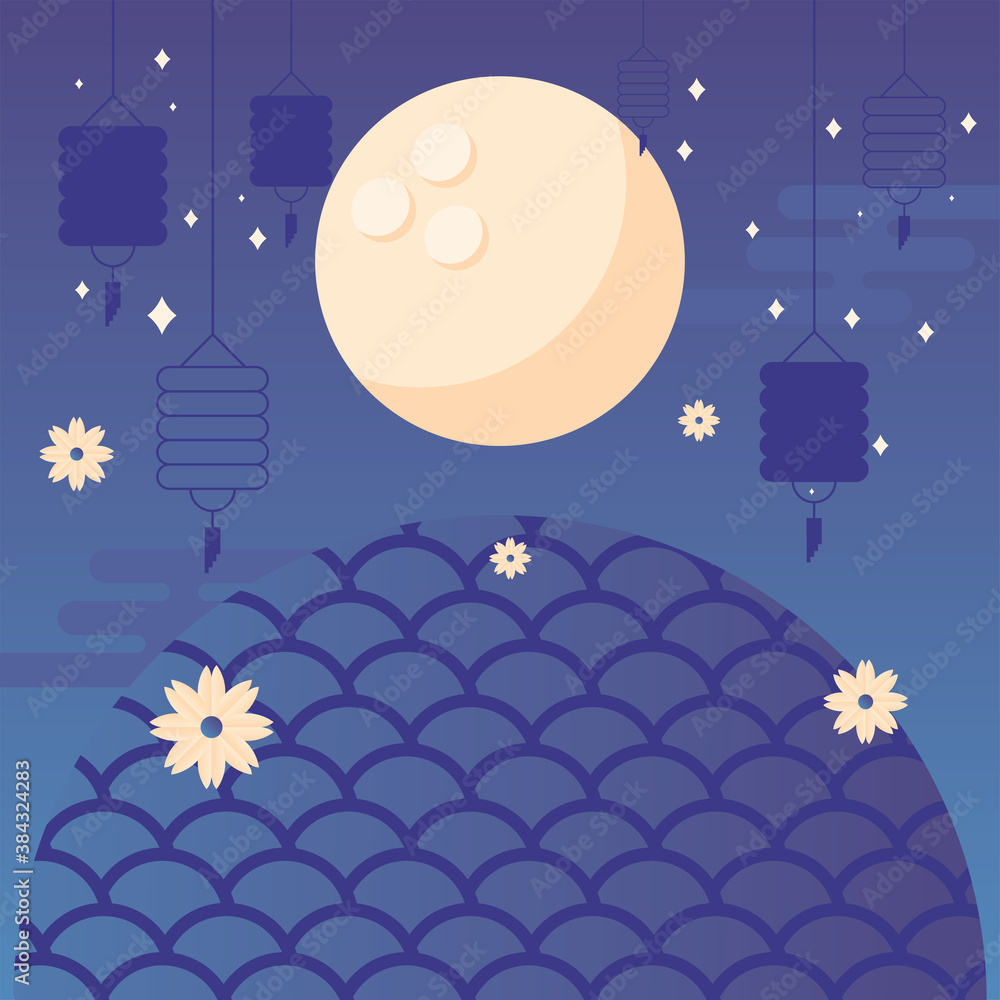 happy mid autumn harvest with moon flowers and lanterns vector design