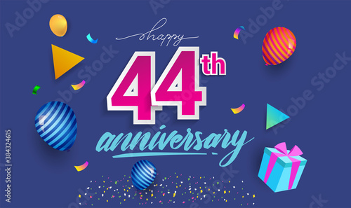 44th Years Anniversary Celebration Design, with gift box and balloons, ribbon, Colorful Vector template elements for your birthday celebrating party. photo