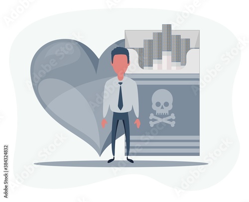 Flat illustration of a human, heart and cigarette concept of risk of the circulatory system due to nicotine smoke. Smoking cigarette destroying health, heart disease. Shades of gray.