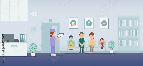 Dental clinic with patients waiting flat design vector illustration