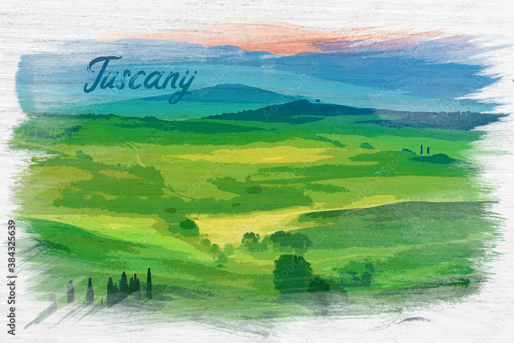 Watercolor painting of green fields in Tuscany at sunrise