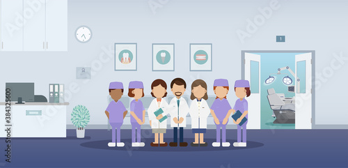 Dental clinic with medical staff flat design vector illustration