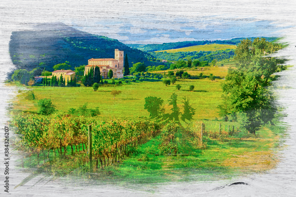 Vineyards in Anney of Sant'Antimo, Tuscany, watercolor painting