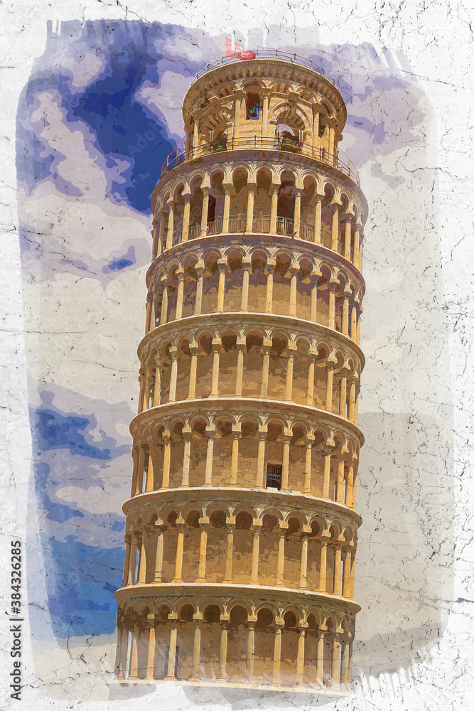 Leaning Tower of Pisa on old paper, watercolor painting