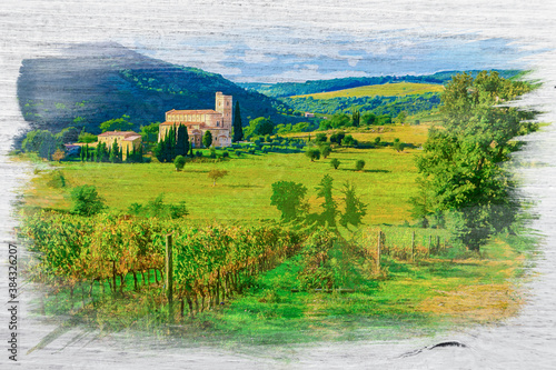 Vineyards in Anney of Sant'Antimo, Tuscany, watercolor painting