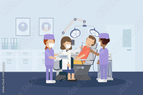 Dental clinic with patient flat design vector illustration