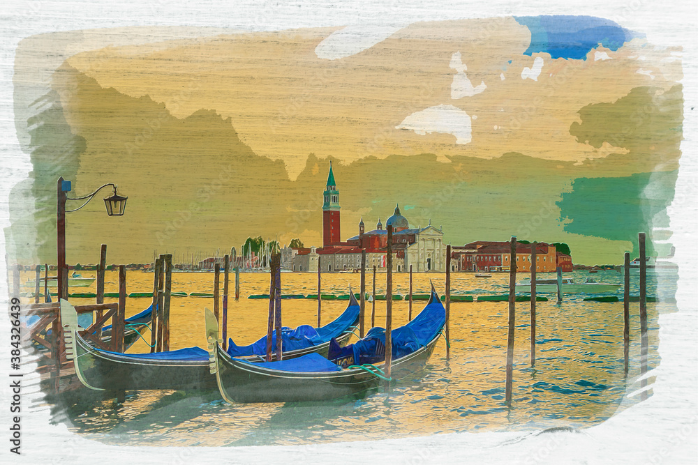 Swinging gondolas on Grand canal in Venice, watercolor