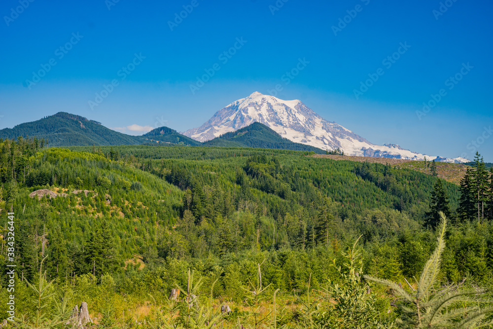 Amazing view at the peaks. View from Mowich lake road, Mt Rainie. Mount Rainier National Park, Washington, USA