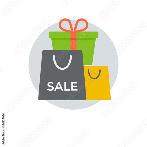 
A gift in cardboard box with a shopping bag, packaging flat icon
