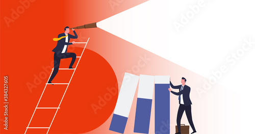 Business vision, business risk protection. Businessman holds graph columns that have fallen as result crisis, unstable economy.
