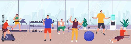 People exercising in gym, sports equipment, women's and men's exercise equipment. People do various exercises in gym maintain healthy lifestyle. Fitness club with panoramic windows and city views.