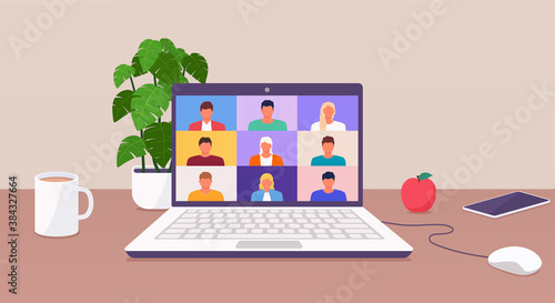 Working from home, people talk or learning online by teleconference on laptop working from anywhere parts of the world from home. Conference video call.