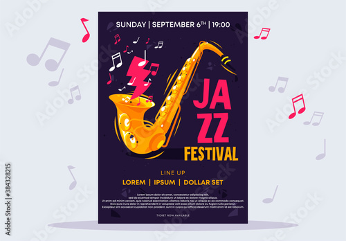 Vector illustration of a poster template for a jazz festival with a Golden saxophone with musical notes on a dark grunge background