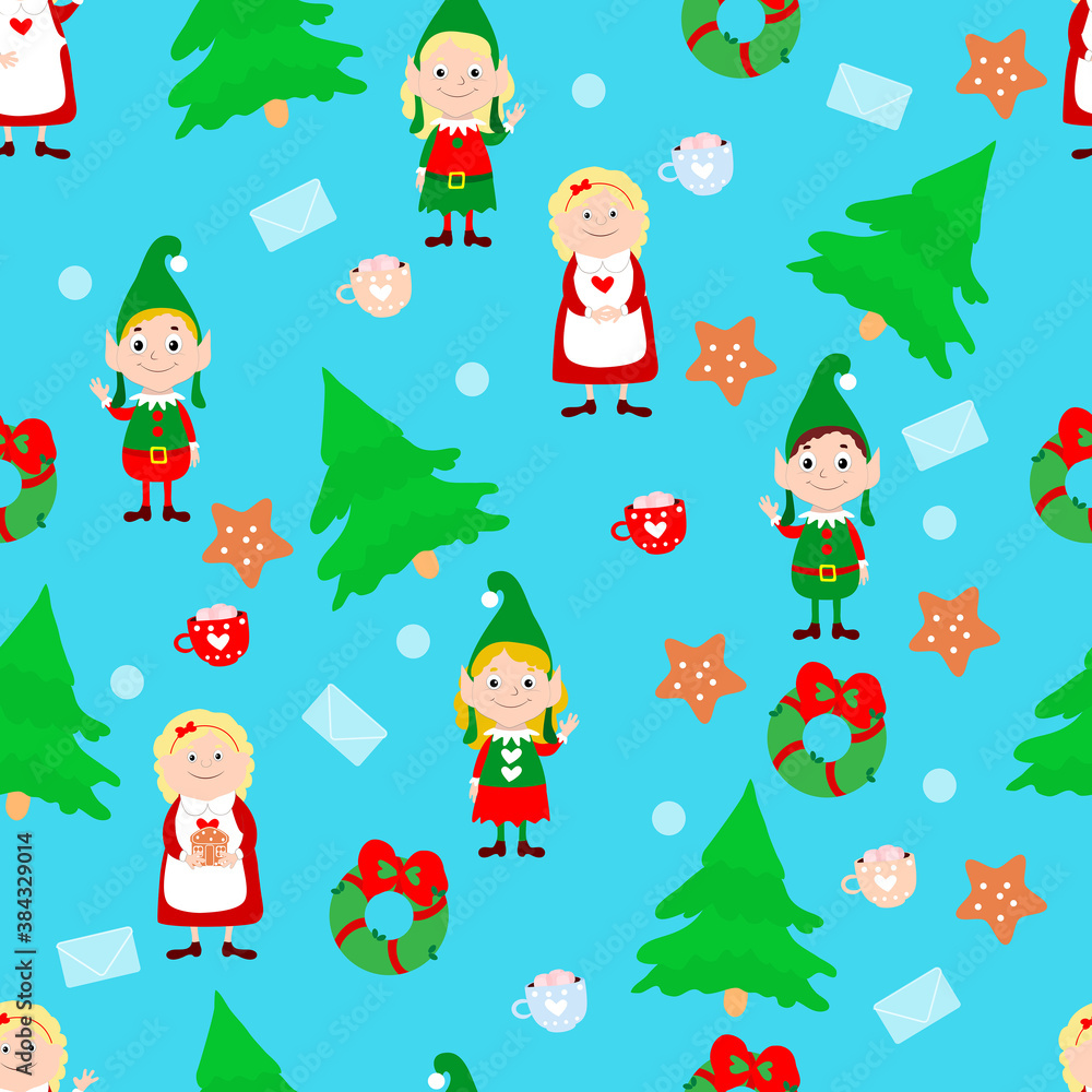 Mrs. Santa, elves, Christmas trees, gingerbread cookies and letters on a blue background. Vector seamless pattern in cartoon style. Symbols of Christmas and New Year.