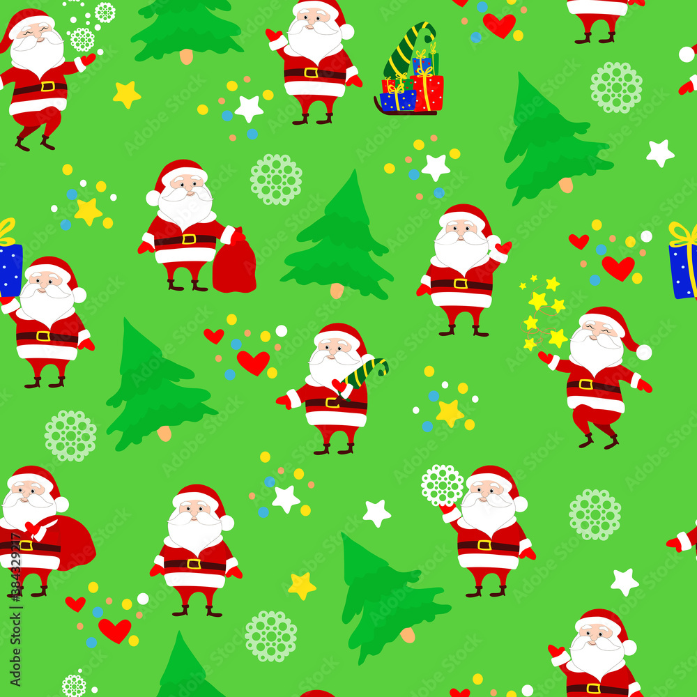 Seamless Christmas pattern Santa Claus in different poses, forest firs, snowflakes, gifts, stars on a green background. Pattern for packaging, for Christmas gifts, for wrapping paper, flat-style.