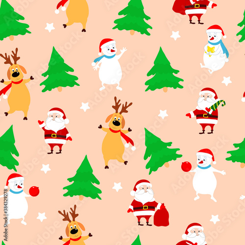 Seamless Christmas pattern fir, Santa Claus, snowmen, deers, white stars on a pink background. Pattern for packaging, for Christmas gifts, for wrapping paper, flat-style wallpaper.
