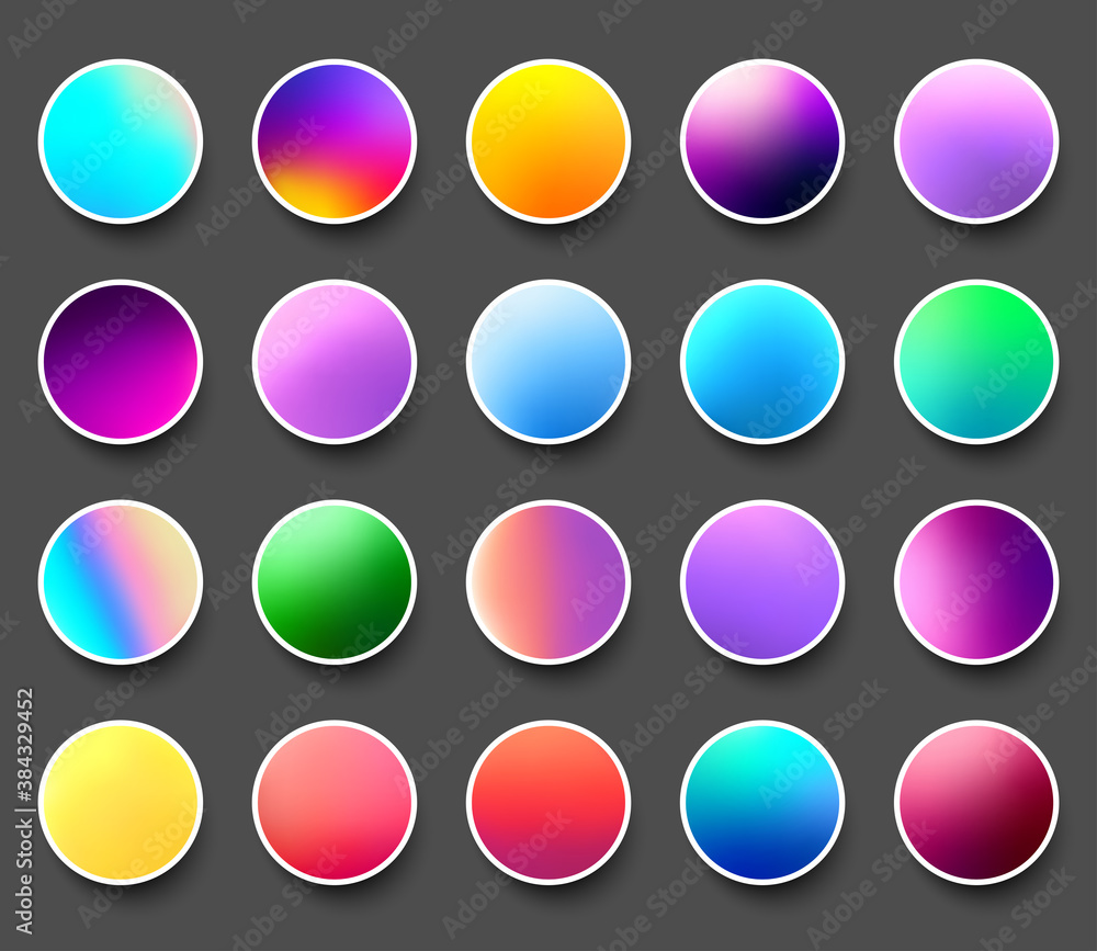 Set of rounded holographic gradient sphere buttons. Set of rounded holographic gradient sphere buttons.
