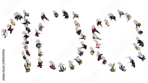 people - arranged in number 100 - top view with shadow - isolated on white background - 3D illustration