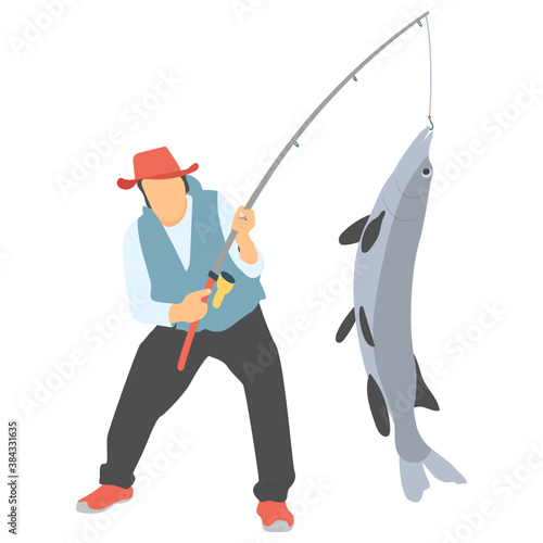 
Fisherman holding a sea bass with fishing rod 
