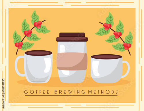 coffee brewing methods poster with cups and plants