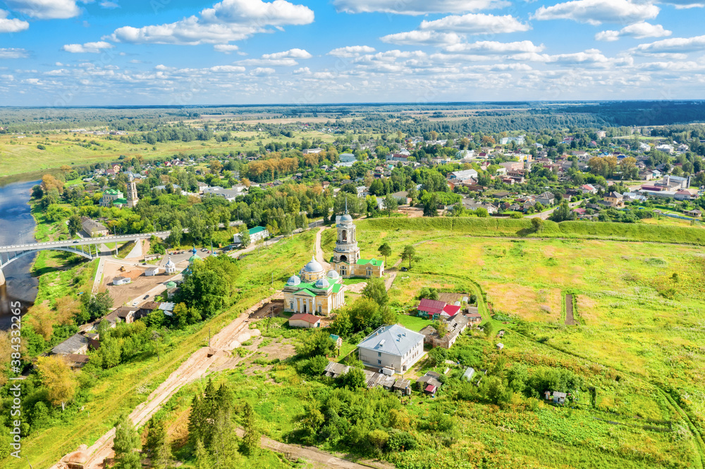 Fototapeta premium Aerial view of the Staritsa town and the Cathedral of Boris and Gleb