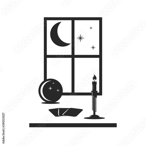 Fortune telling ritual with a crystal ball, tarot cards and a candle, divination belongings for occult session, astrology mysterious illustration.