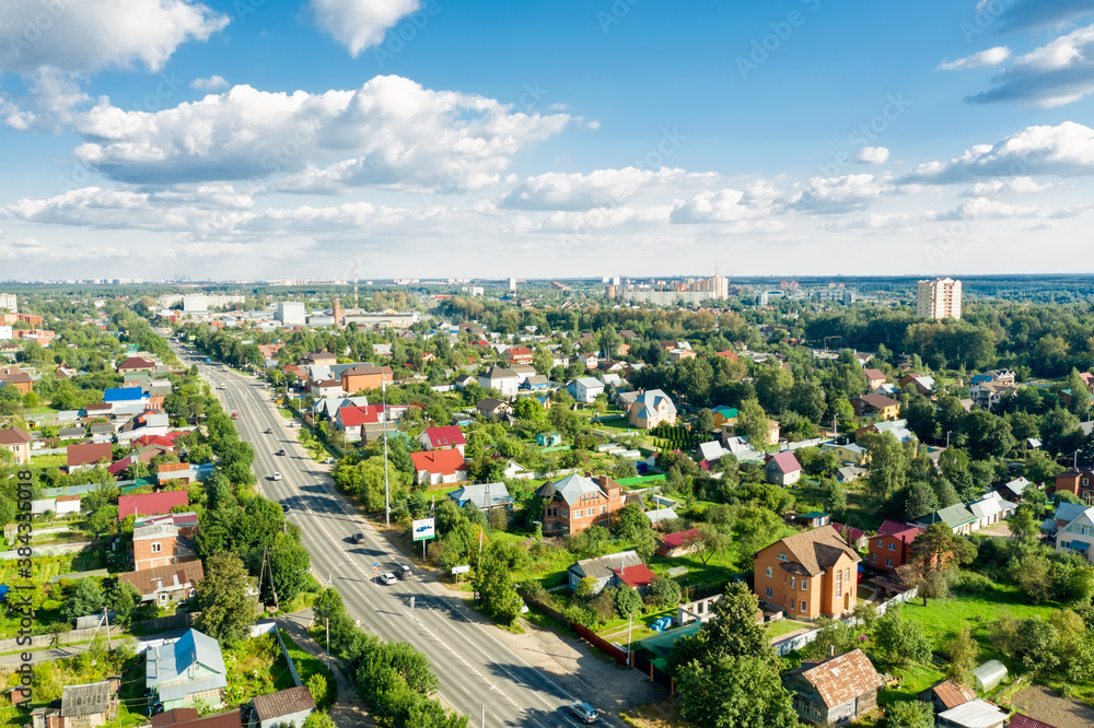 Top view of Volokolamsk highway passing through the village near Moscow Top view of Volokolamsk highway passing through the village near Moscow
