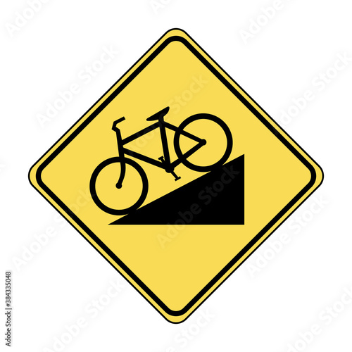 Bicycle hill road sign. Vector illustration of yellow diamond shaped warning traffic sign with bike and hill icon inside. Beware of steep descent. Information for cyclists isolated on white background