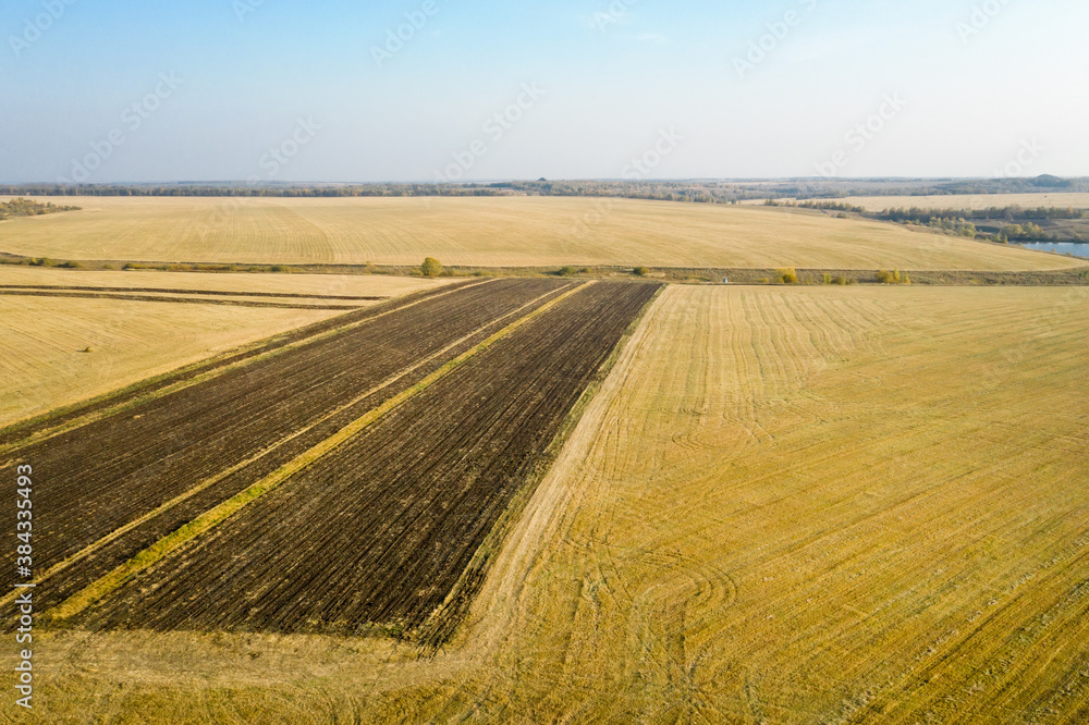 Top view of agricultural fields in autumn day