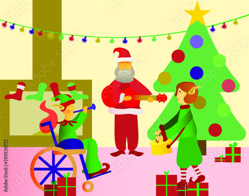 The family with their disabled son in a wheelchair dressed as Santa and elves are playing Christmas music and celebrating Christmas and New Year. A disabled child in a wheelchair celebrates Christmas