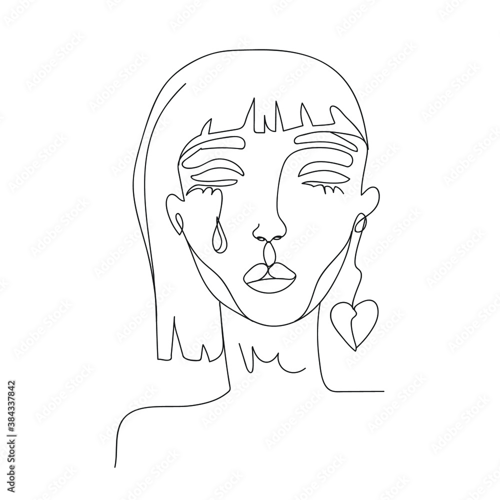 woman face crying outline. face crying сontinuous line  drawing of sad woman face, fashion minimalist concept, One continuous line of women face crying illustration minimalism style