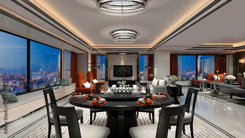 Konstfotografi modern living room with dining Area