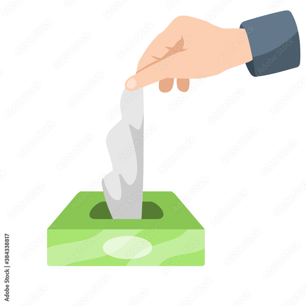 Sanitary napkin. Hand and Wet handkerchief. Hygiene and sanitation. Take from the tissue Box. Flat cartoon illustration. Sanitary napkin. Hand and Wet handkerchief. Hygiene and sanitation. Take from the tissue Box. Flat cartoon illustration.