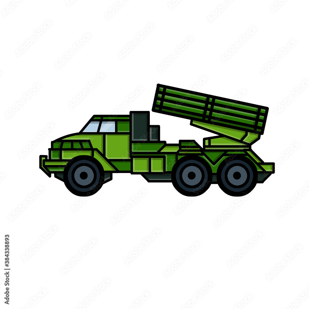 Rocket launcher. Green Truck with weapons. Modern air defense system