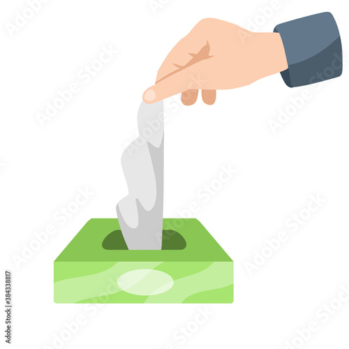 Sanitary napkin. Hand and Wet handkerchief. Hygiene and sanitation. Take from the tissue Box. Flat cartoon illustration.
